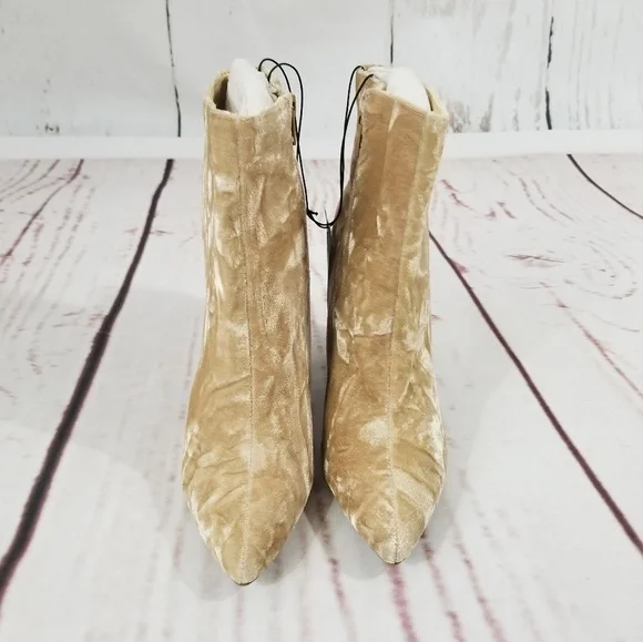 Taupe Crushed Velvet Pointed Toe Heeled Booties - Picture 2 of 6